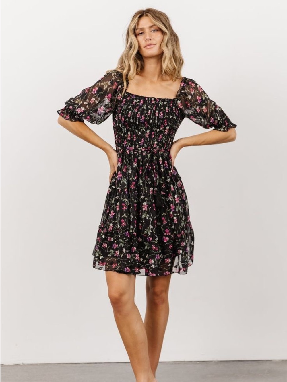 Baltic‎ Born Azlyn Smocked Short Mini Dress Black Floral Print Womens XL